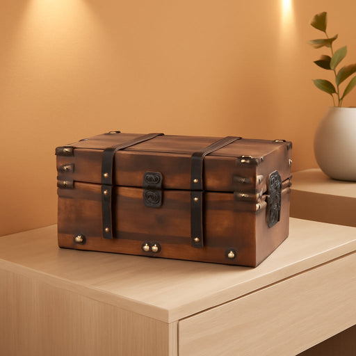Alexander Small Wooden Treasure Chest - 11" X 7" X 5.5", Wood Storage Box with Hinged Lid, Decorative Trunk for Keepsakes, Vintage Pirate Chest for Classroom