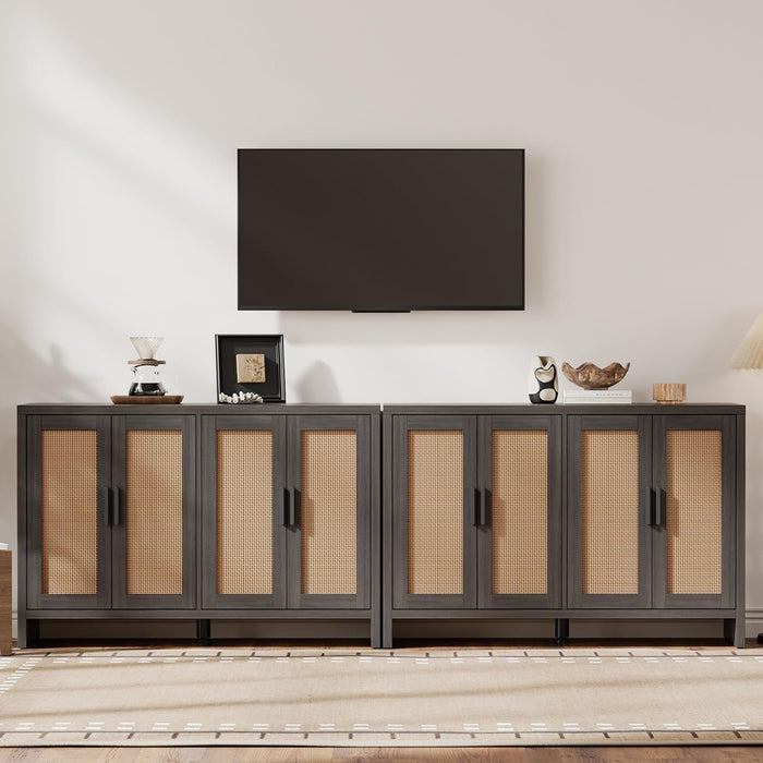 Rattan Buffet Cabinet with Storage, Sideboard with Doors, Console Table, Farmhouse Coffee Bar, Modern Wood Long Cabinets (Brown Black)