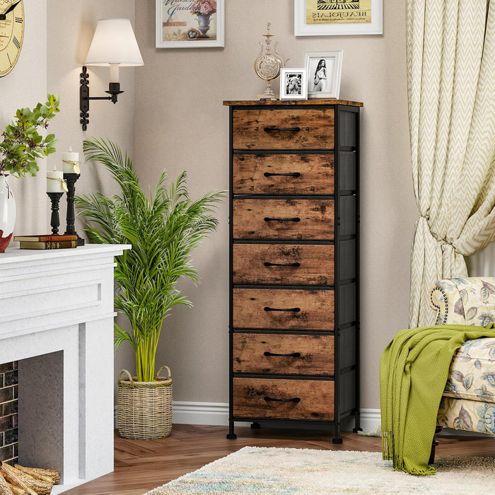 Tall Dresser With 7 Fabric Drawers WoodgrainFinish
