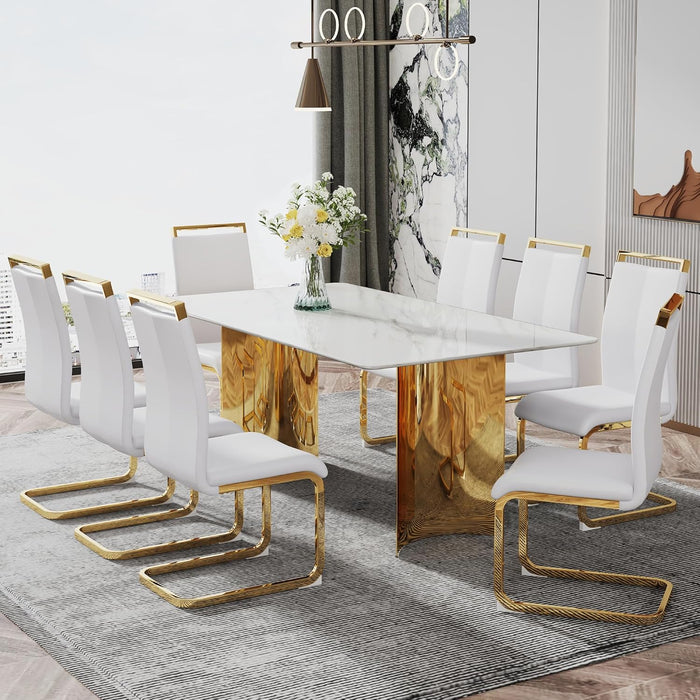 Modern Dining Table for 8,White Marble Dining Table with Golden Stainless Steel Base,71'' Gold Dining Table Ideal for Kitchen Dining Room