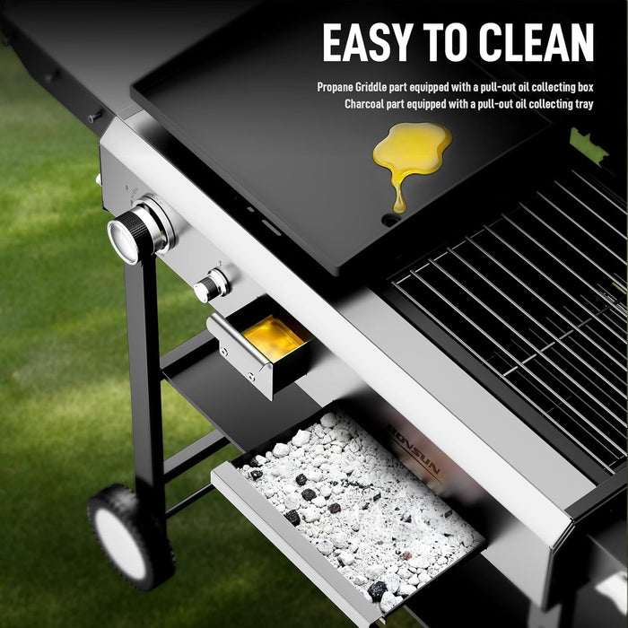 2-In-1 Propane Gas Grill and Charcoal Grill Combo with Lid, 12000BTU Flat Top Griddle & Charcoal BBQ Grill with Electronic Ignition, Enamel Griddle & Grate for Outdoor Backyard Cooking Barbecue