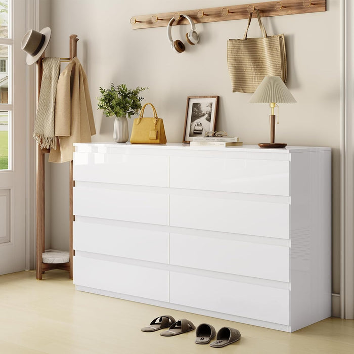 White Wood Dresser for Bedroom with 8 Drawer 55" Wide