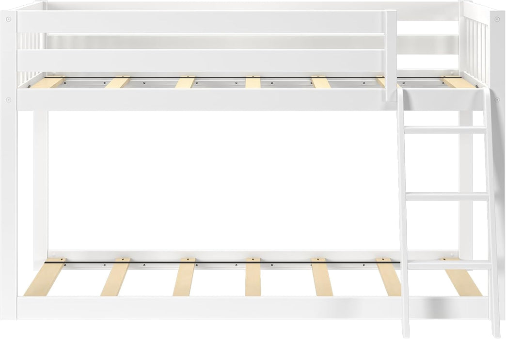 Fundamental Twin Low Bunk Bed, Kids Solid Wood Modern Bed Frame with Strong Wooden Slats, Non-Toxic Finishes, High Weight Capacity, White