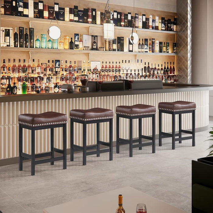 Bar Stools Set of 2, 24" Counter Height Bar Stools, Pu Leather Barstools Metal Frame for Kitchen Island, Saddle Barstools with Nailhead Trim, Brown