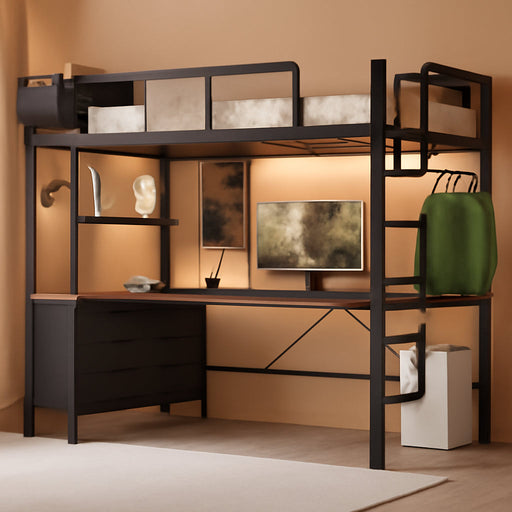 Twin Loft Bed with Desk and 5 Storage Drawers,Loft Bed Twin Size with LED Lights and Charging Station, Metal Bunk Bed Frame with Ladder, Clothes Rail,Noise Free,Oak Gray