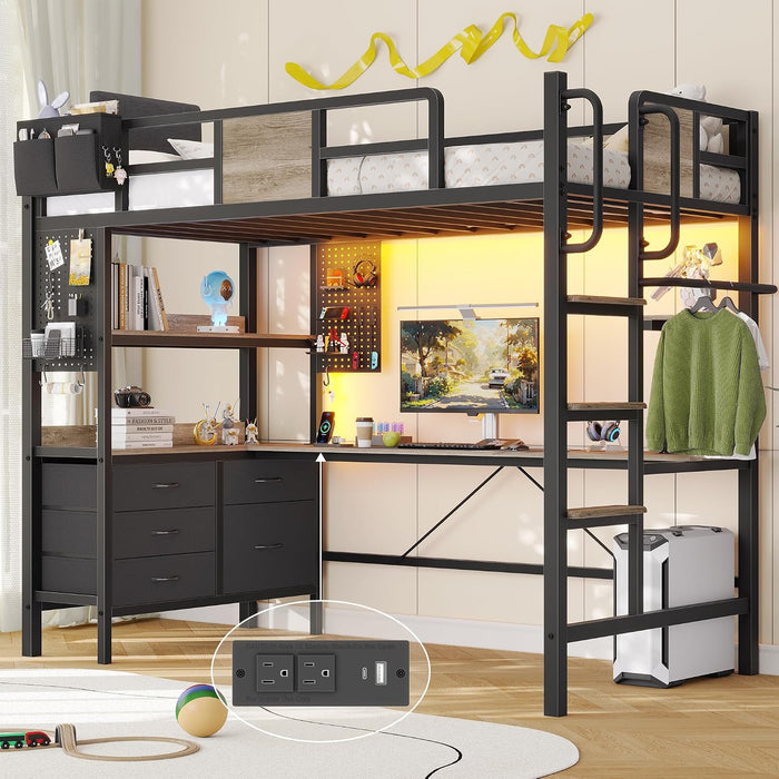 Twin Loft Bed with Desk and 5 Storage Drawers,Loft Bed Twin Size with LED Lights and Charging Station, Metal Bunk Bed Frame with Ladder, Clothes Rail,Noise Free,Oak Gray