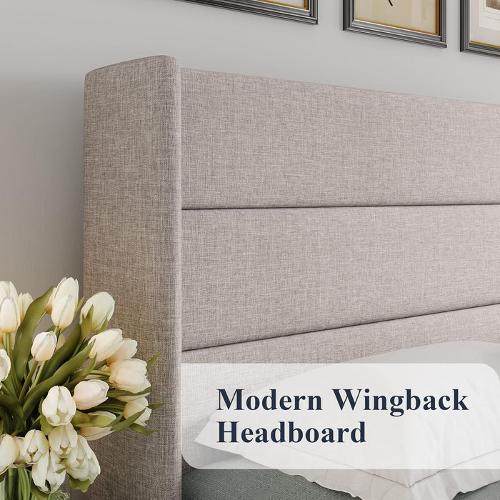 Full Size Lift up Storage Bed, Modern Wingback Headboard, Hydraulic Support, No Box Spring Needed, Light Beige