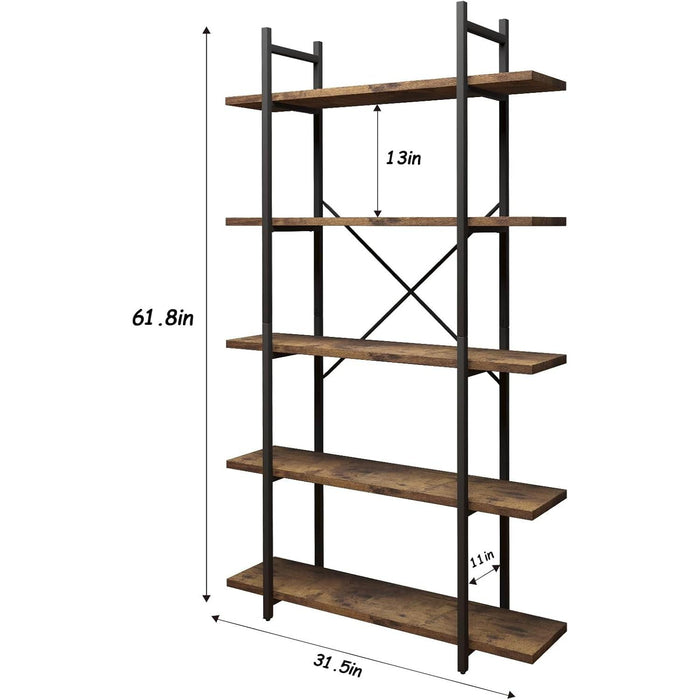 5 Tiers Bookshelf Organizer Industrial Shelf,Modern Open Display Storage Bookcase,Rustic Brown and Metal Bookshelf Standing Storage Shelf Tall Shelving Units for Home Office Study.