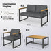 6 Pieces Outdoor Patio Furniture Set, Modern Metal Balcony Furniture with Plastic-Wood Coffee Table, All-Weather Patio Conversation Set with Thick Cushion for Balcony, Porch, Gray