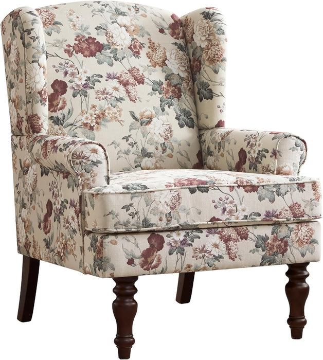 Red Floral Wingback Accent Chair Linen Upholstered