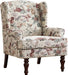 Red Floral Wingback Accent Chair Linen Upholstered