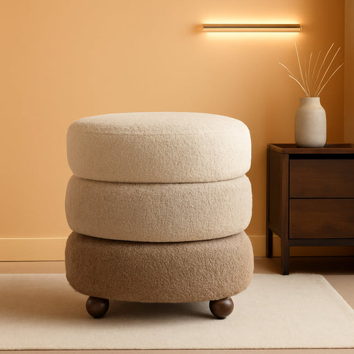 round Ottoman with Storage, Small Foot Stool, Modern Accent Stool Upholstered Vanity Stool with Rubberwood Ball Feet for Bedroom Living Room Dorm Room, Gradient Brown