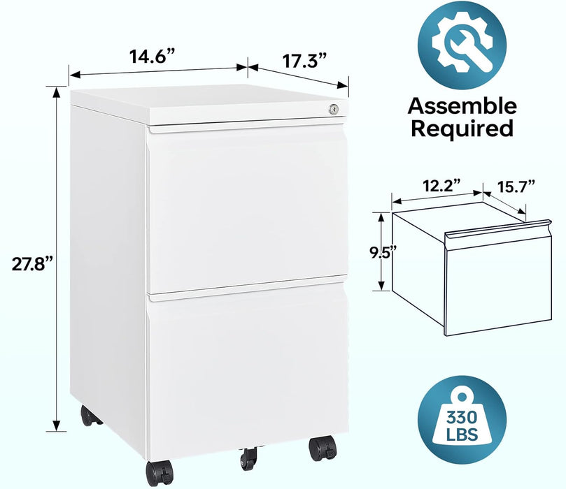2 Drawer File Cabinet with Lock, Home Office Filing Cabinets on Wheels, under Desk 2 Drawers Storage for Legal/Letter/A4 Files,Fully Assembled