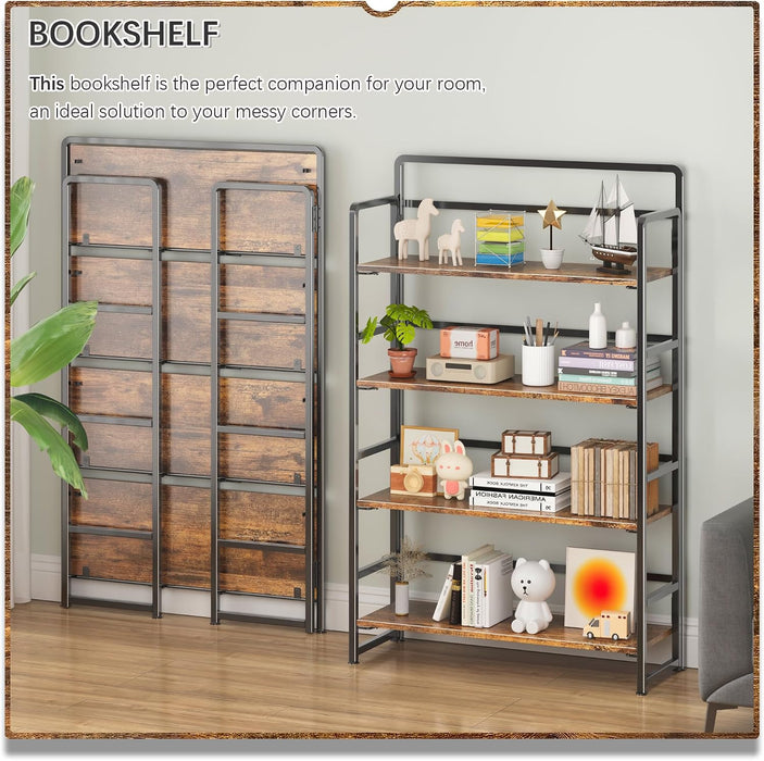 No Assembly Extra Wide 4 Tier Folding Bookshelf Storage Shelves Vintage Bookcase Standing Racks for Bedroom Living Room Home Office