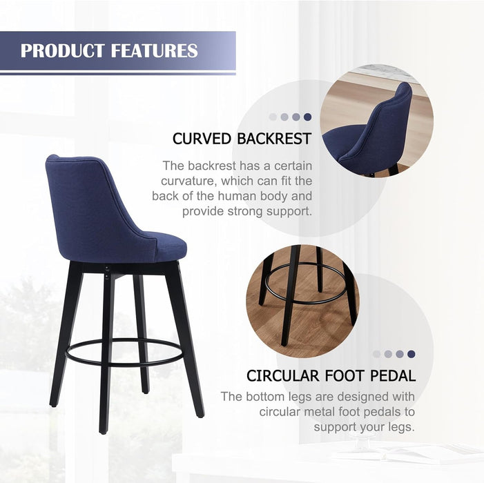 Bar Stools Set of 2, Swivel Barstools with Backs and Wood Legs, 27" Linen Fabric Upholstered Bar Chairs for Kitchen Island, Dining, Cafe, Pub（Blue）