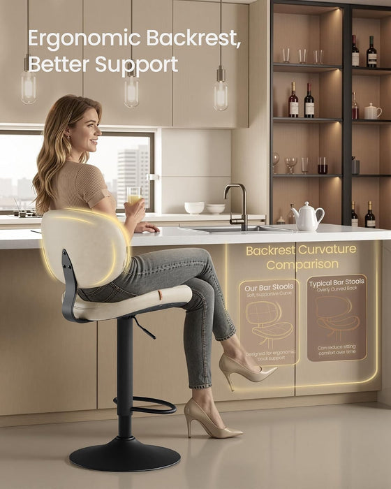 VASAGLE Bar Stools Set of 2, Height Adjustable Swivel Chairs, PU Leather | Kitchen Barstools with Back and Footrest, Quilt Surface, Steel, Dining Room, Counter, Cream White,Uljb150W101S