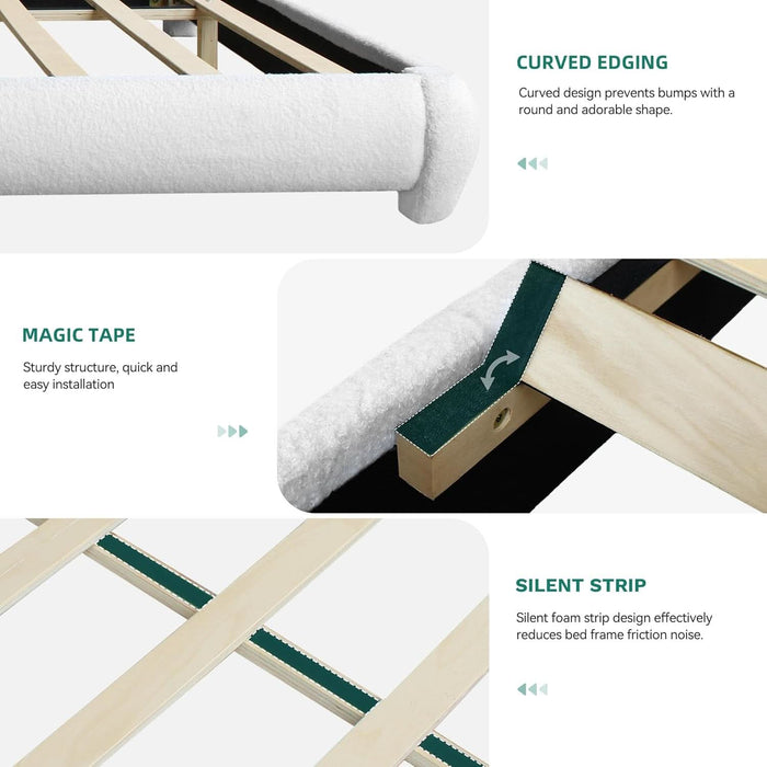 Queen Size Boucle Bed Frame, Upholstered Platform Bed Frame with Headboard, Modern Style, Soft Rounded Corners with Thickened Footboard, No Box Spring Needed, Easy Assembly, White