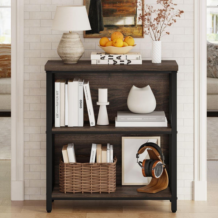 Small Bookshelf, 3 Shelf Bookcase for Living Room, Low Short Bookshelf, Industrial Wood Book Shelf and Rustic Book Case for Small Space, Home Office (Dark Walnut)