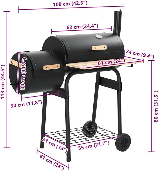Offset Smoker BBQ Grill with Side Firebox, Charcoal and Wood Burning Smoker for Outdoor Cooking, Backyard Parties, and Grilling, Includes Thermometer and Wheels
