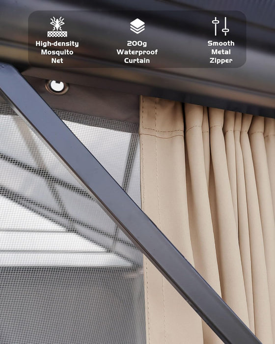 Hard Top Gazebo 12 Ft X16 Ft for All Weather, Double Polycarbonate Sheets Roof, Aluminum Alloy Frame, Net, and Curtain, Permanent Building for Patio, Deck, Backyard, Lawn, and Garden