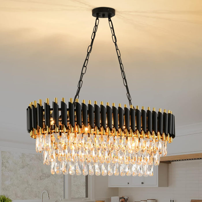 Crystal Chandelier Pendant Light Black Gold 32Inch