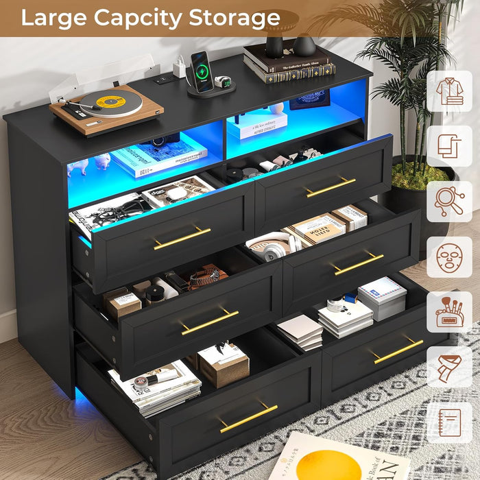 Black Six Drawer Dresser With LEDIlluminationTechnology
