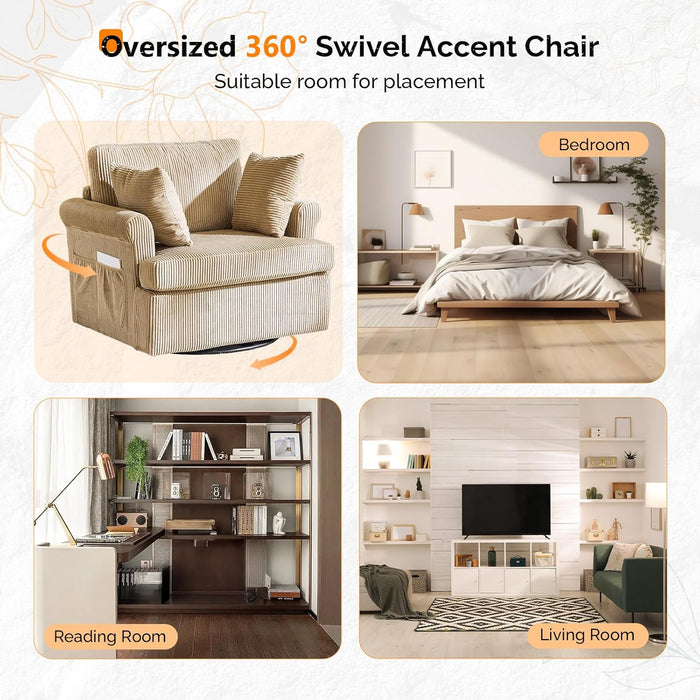VINGL 39.2" Wide 360° Swivel Accent Armchair with 2 Pillows, Oversized Single Sofa, Chair and a Half with Side Pockets and Wide Armrest for Living Room, Bedroom, Reading Room, Corduroy Khaki