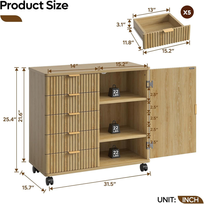 Five Drawer Oakwood Filing Cabinet Locking Casters