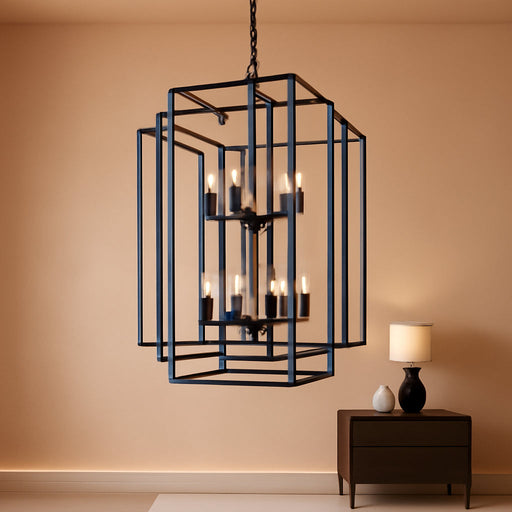 Large Lantern Chandelier for Entryway Foyer, 2-Tier Matte Black Cage Chandelier, 10-Light Hanging Light Fixture for High Ceiling Staircase Living Room