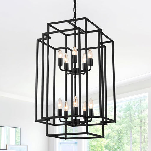 Large Lantern Chandelier for Entryway Foyer, 2-Tier Matte Black Cage Chandelier, 10-Light Hanging Light Fixture for High Ceiling Staircase Living Room