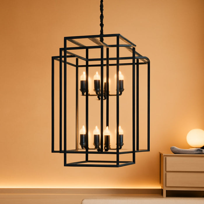 Large Lantern Chandelier for Entryway Foyer, 2-Tier Matte Black Cage Chandelier, 10-Light Hanging Light Fixture for High Ceiling Staircase Living Room