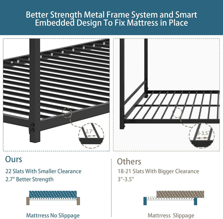 Twin Bunk Bed with Stable Ladder, Twin over Bed Frame with Full-Length Guardrail, Low Platform Bed Frame for Adults, Teens, Boys,Girls, No Box Spring Needed, Black