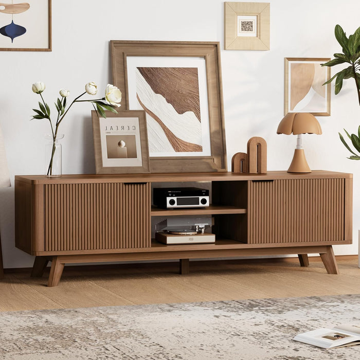Mid Century Modern for TV Stand for Tvs up to 55-65 Inch,Tv Stand for Living Room,Tv Console with Storage,Tv Console with Fluted Door Cabinets and Open Shelves,Walnut
