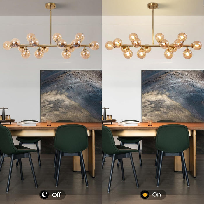 Gold Rectangular Chandelier With Amber Glass Globe