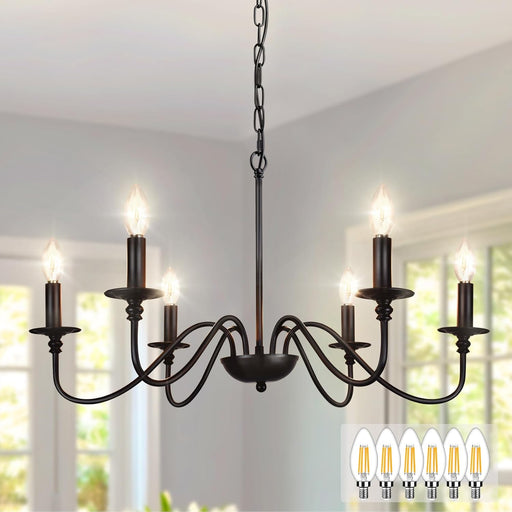 Farmhouse Chandelier for Dining Room: 6-Light Black Industrial Kitchen Island Pendant Light Fixture with 6 E12 Bulbs - Rustic Candle Chandeliers Vintage Modern Hanging Ceiling Lamp for Bedroom