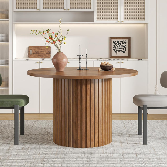 47 Inch round Dining Table for 4-6, Farmhouse Circle Kitchen Table, Mid Century Modern Walnut Dinner Tables with Wood Strip Base for Dining Room, Living Room, Lunch, Rustic