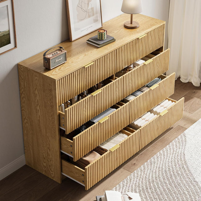 55" Wide Fluted 8-Drawer Double Dresser for Bedroom, Natural