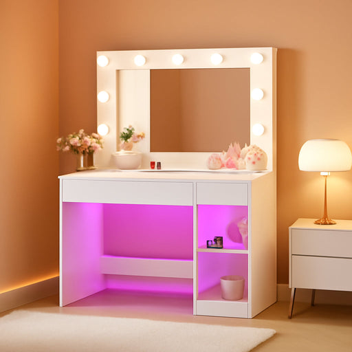 Vanity Desk with Mirror & RGB Lights, White Makeup Vanity Table with 2 Transparent Top Large Drawers & RGB Cabinet, Vanity Desk with LED Lighted Mirror 3 Colors, Power Outlets, Flip-Up Drawer