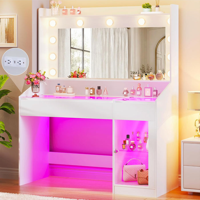 Vanity Desk with Mirror & RGB Lights, White Makeup Vanity Table with 2 Transparent Top Large Drawers & RGB Cabinet, Vanity Desk with LED Lighted Mirror 3 Colors, Power Outlets, Flip-Up Drawer