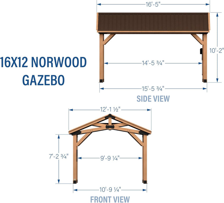 Norwood 16 Ft. X 12 Ft. Cedar Wood Gazebo,Thermal Insulated Steel Roof, Durable, Supports Snow Loads and Wind Speed, Rot Resistant, Backyard, Deck, Garden, Patio Light Brown