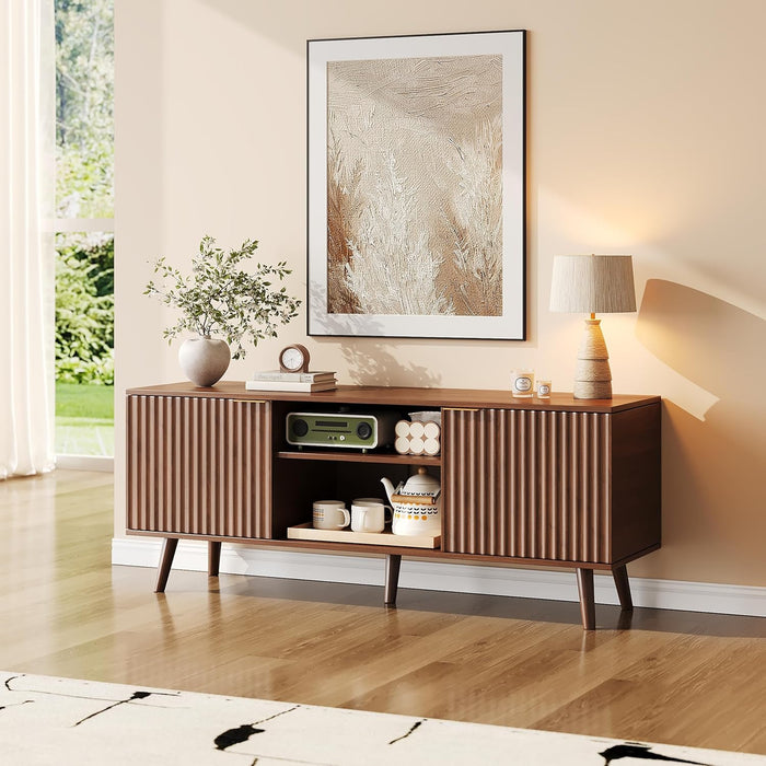 55 Inch Fluted TV Stand with Storage, Mid Century Modern Entertainment Center with Adjustable Shelf, TV Table Stand up to 65 Inches Tvs for Living Room, Bedroom, Walnut