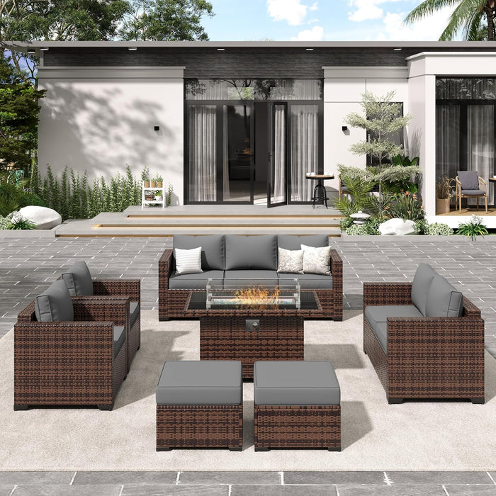 Outdoor Wicker Patio Furniture Set - 10 Pieces, Sectional Couch with Ottoman, Conversation Set with 44" Gas Fire Pit (Grey)