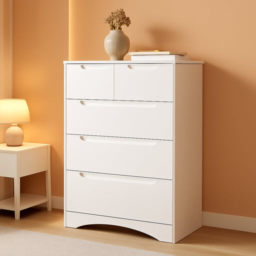 5 Drawers Chest, White Dresser for Bedroom with Large Storage Capacity, Chest of Drawers with Embedded Handle, Deep-Drawer Dresser for Closet with Anti-Tip Kit，For Hallway, Office, Living Room