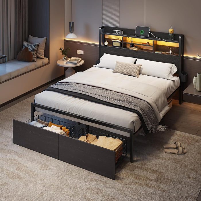 Full Size Bed Frame with Headboard and Charging Station,2 Drawers