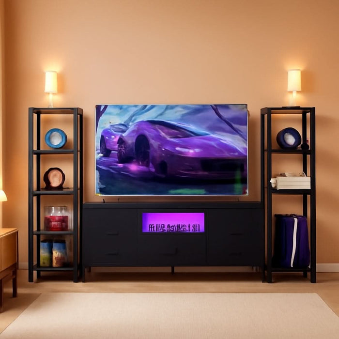 TV Stands for 40/43/50 Inch TV, Entertainment Center with LED Lights & Power Outlets, TV Stand Living Room with 5 Fabric Drawers, TV Console Cabinet for Bedroom, Black