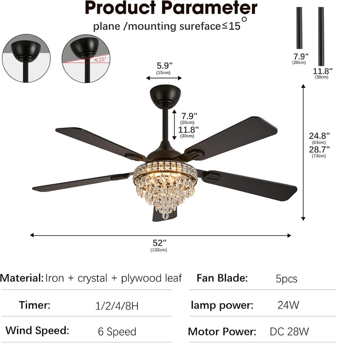 52" Crystal Chandelier Ceiling Fan with Lights - (Classic, Black)