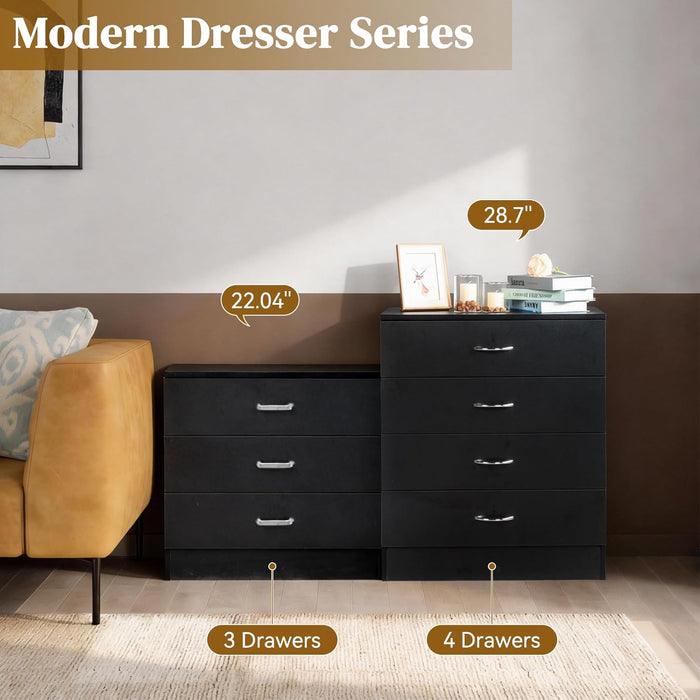 Black 4 Drawer Dresser for Bedroom, Modern Nightstand Storage Chest of Drawer, Wooden Side Table End Table, Living Room, Reception Room