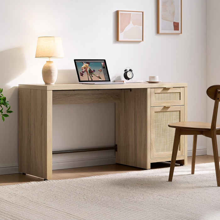 Rattan Home Office Desk with Drawer, 59" Farmhouse Boho Executive Desk with Storage Cabinet, Large Computer Writing Table Vanity Desk for Office, Study, Living Room, Light Oak