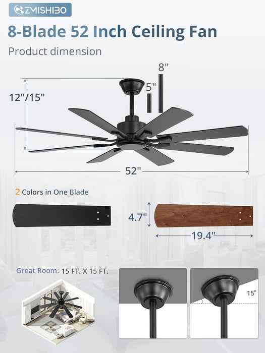 52 Inch Ceiling Fan No Light, 8 Blades Black Ceiling Fans without Lights, Quiet Rerverible DC Motor, 6Speeds, for Bedroom, Living Room, Home Office and Patio