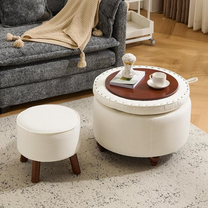 24Inch round Storage Ottoman, Set of 2, Modern Button Tufted Coffee Table with Removable Top, Upholstered Ottoman with Storage Footrest Stool for Living Room, Bedroom (Beige)